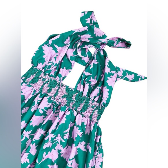 Floral Halter Maxi Dress Green Pink Tiered Vacay Cruise Ruffle Shirred Resort XL - Picture 9 of 10